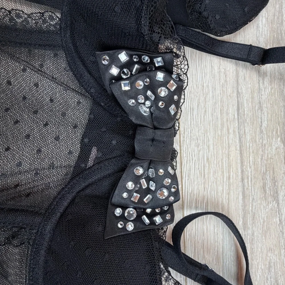 Victoria's Secret Black Sheer Rhinestone Bow Corset Bustier Garter Lingerie Sz M